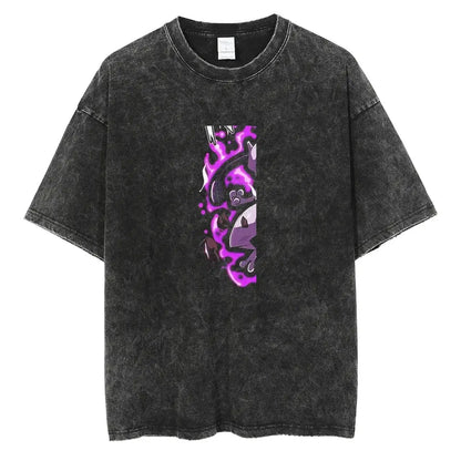 Black distressed cotton vinland saga manga t-shirt with vibrant purple and black anime style graphic print on front