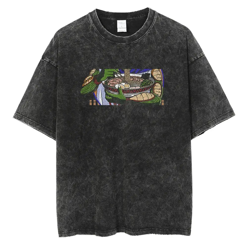 Black distressed cotton t-shirt with colorful ramen graphic and green hands holding bread slices vinland saga manga