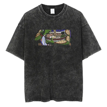 Black distressed cotton t-shirt with colorful ramen graphic and green hands holding bread slices vinland saga manga