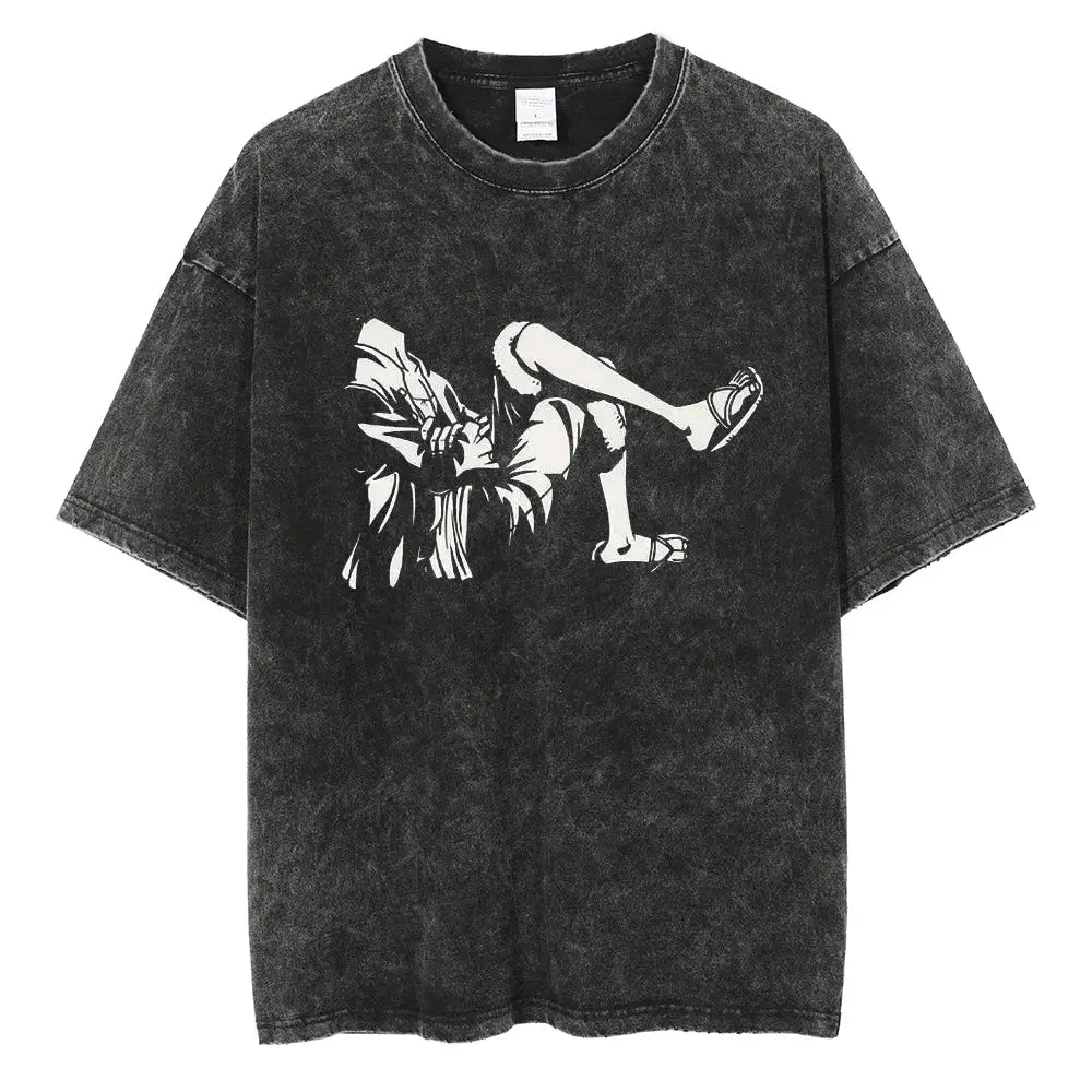 Black distressed cotton vinland saga manga t-shirt with bold white anime graphic in dynamic pose washed o-neck