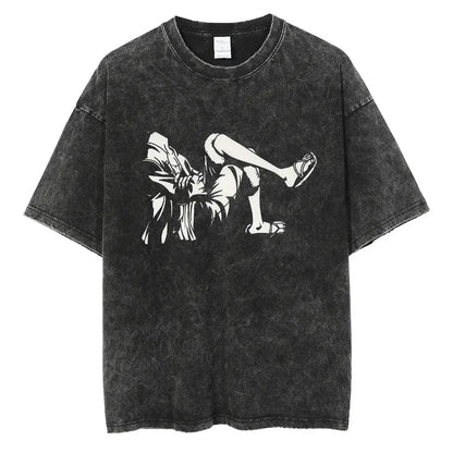 Black distressed cotton vinland saga manga t-shirt with bold white anime graphic in dynamic pose washed o-neck