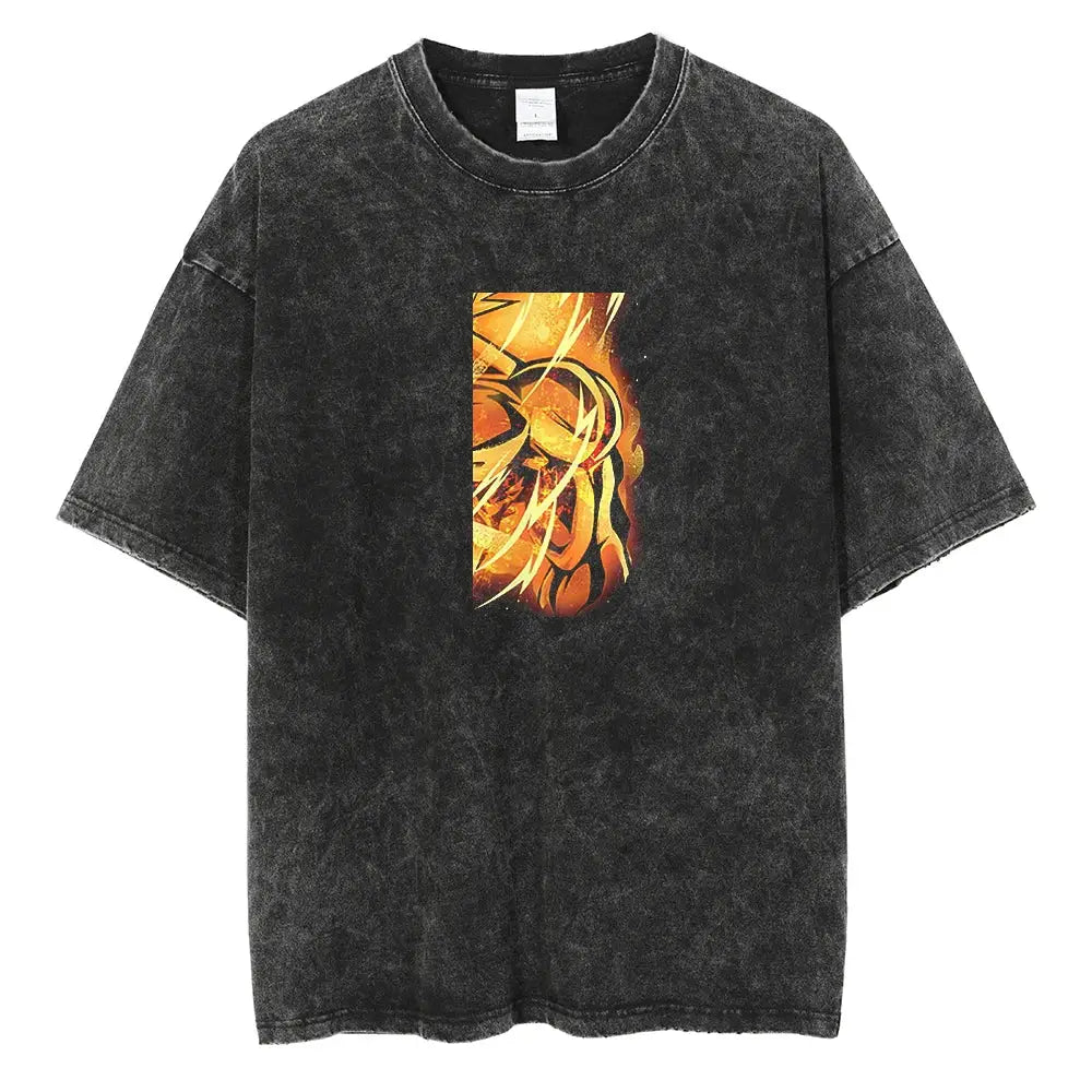 Black distressed cotton vinland saga manga t-shirt with vibrant orange and yellow flame graphic on the chest