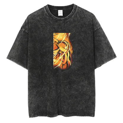 Black distressed cotton vinland saga manga t-shirt with vibrant orange and yellow flame graphic on the chest