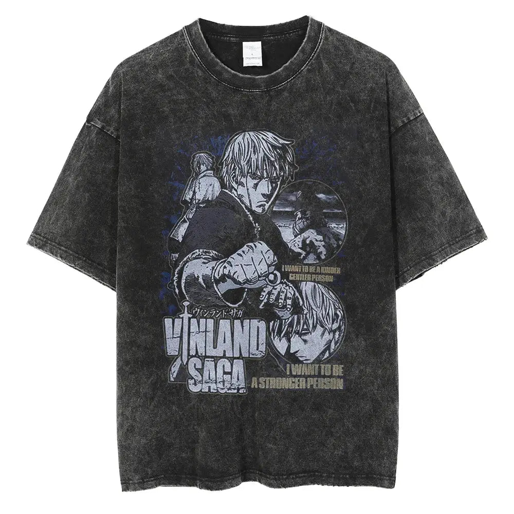 Black distressed cotton t-shirt with vinland saga manga graphic print and bold white gray lettering in washed cotton
