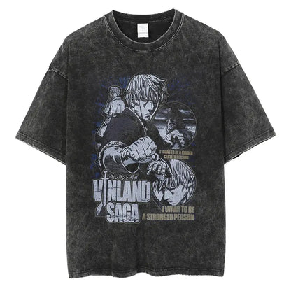 Black distressed cotton t-shirt with vinland saga manga graphic print and bold white gray lettering in washed cotton