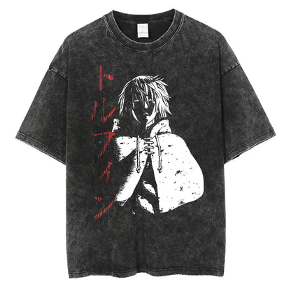 Black distressed cotton vinland saga manga t-shirt with white and red anime graphic and japanese text on the side