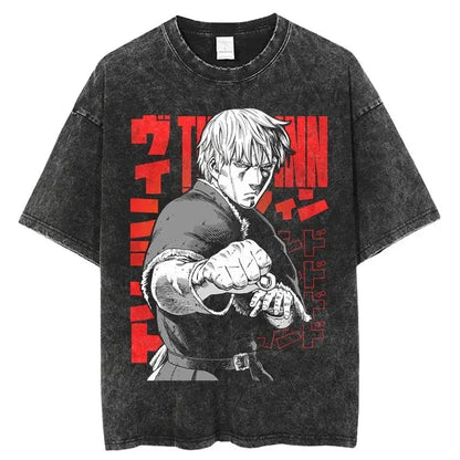 Black distressed cotton vinland saga manga t-shirt with bold black and white anime graphic and red japanese text