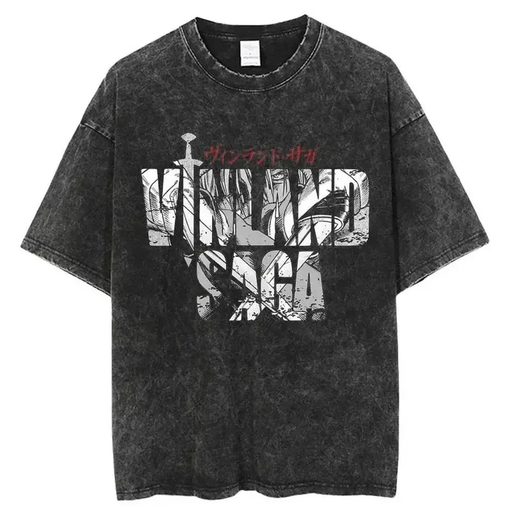 Black distressed washed cotton t-shirt with bold valkyrie saga anime graphic and white red text for vinland saga manga fans