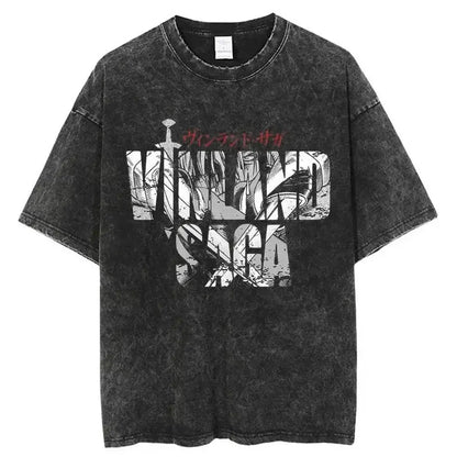 Black distressed washed cotton t-shirt with bold valkyrie saga anime graphic and white red text for vinland saga manga fans