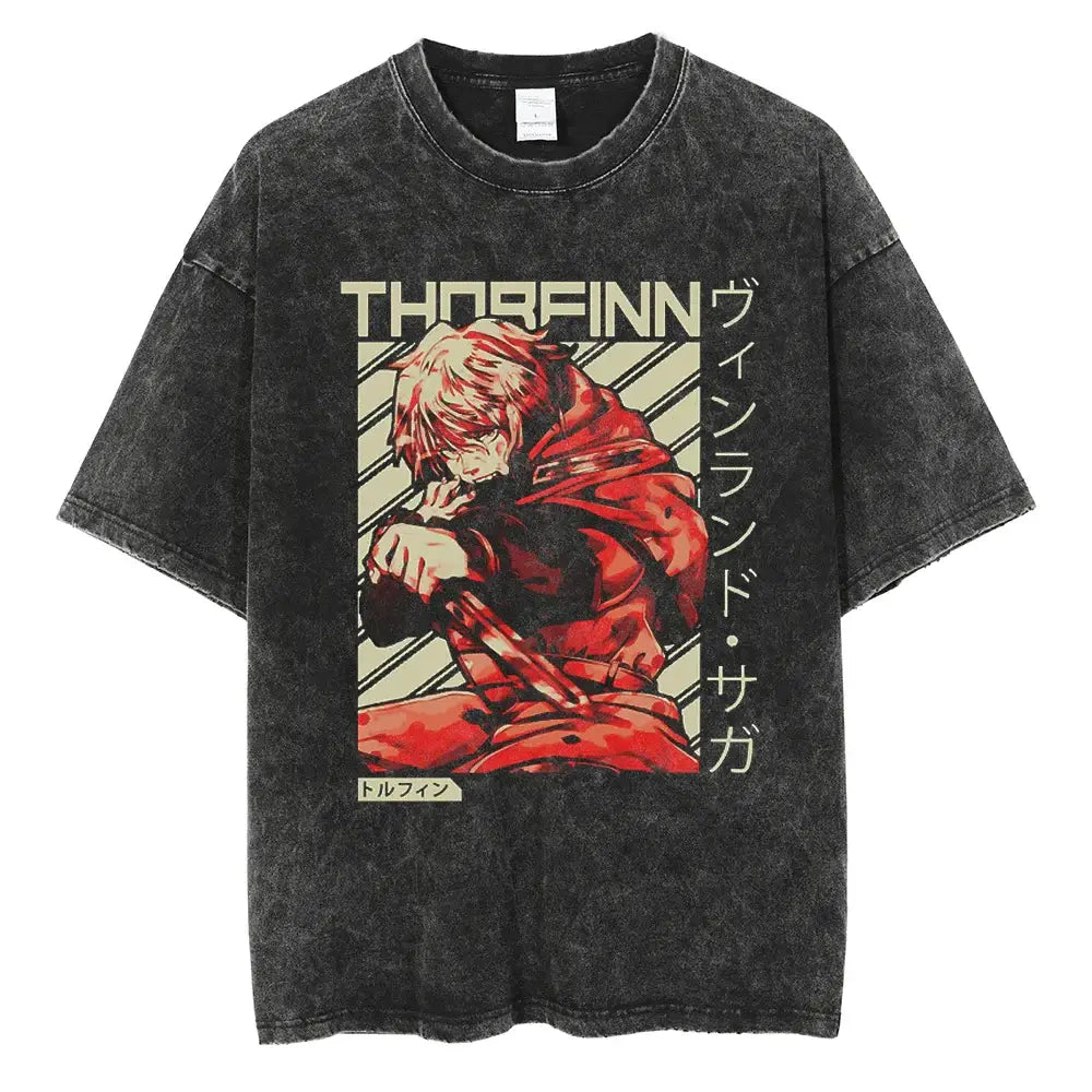 Black distressed cotton vinland saga manga t-shirt with bold red and beige thorfinn graphic and japanese text