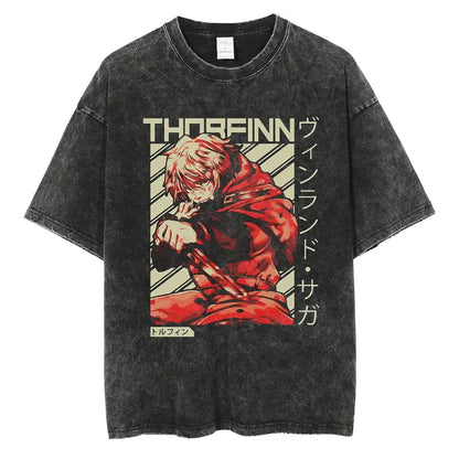 Black distressed cotton vinland saga manga t-shirt with bold red and beige thorfinn graphic and japanese text