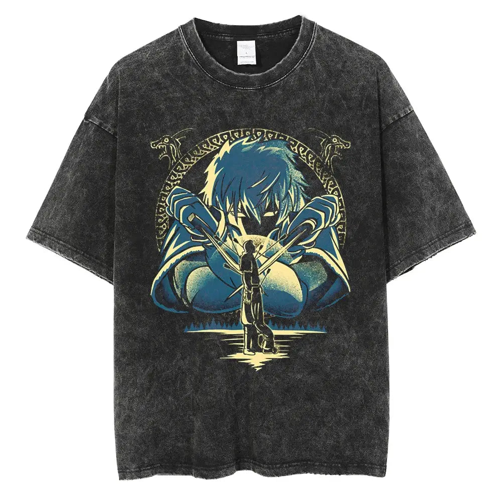 Black distressed cotton t-shirt featuring a blue and gold vinland saga manga graphic with swords and dragon motifs
