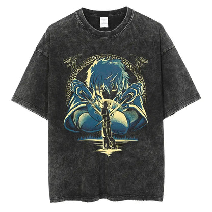 Black distressed cotton t-shirt featuring a blue and gold vinland saga manga graphic with swords and dragon motifs