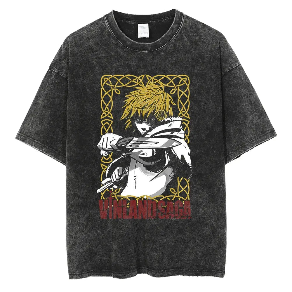 Black distressed cotton vinland saga manga t-shirt featuring blonde anime character with swords in gold celtic frame