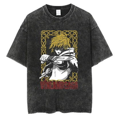 Black distressed cotton vinland saga manga t-shirt featuring blonde anime character with swords in gold celtic frame