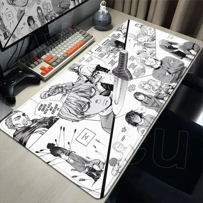 Vinland saga mouse pad desk mat featuring black and white attack on titan manga characters with central sword graphic