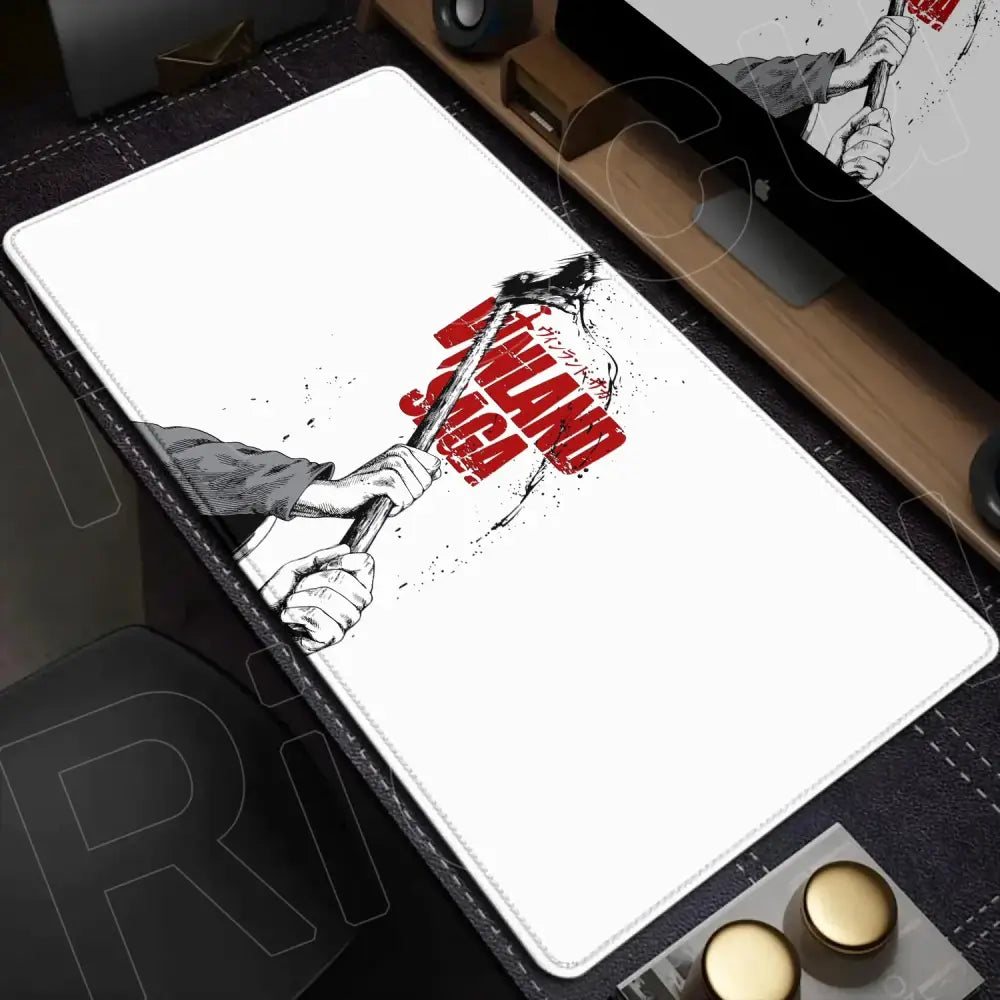 Vinland saga desk mat white mouse pad with black and white axe illustration and bold red jinland text 90x40cm xxl