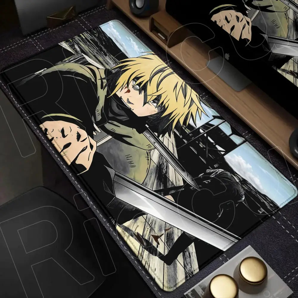 Black and olive green vinland saga desk mat with blonde anime character and sword bordered by stitched leather-like material