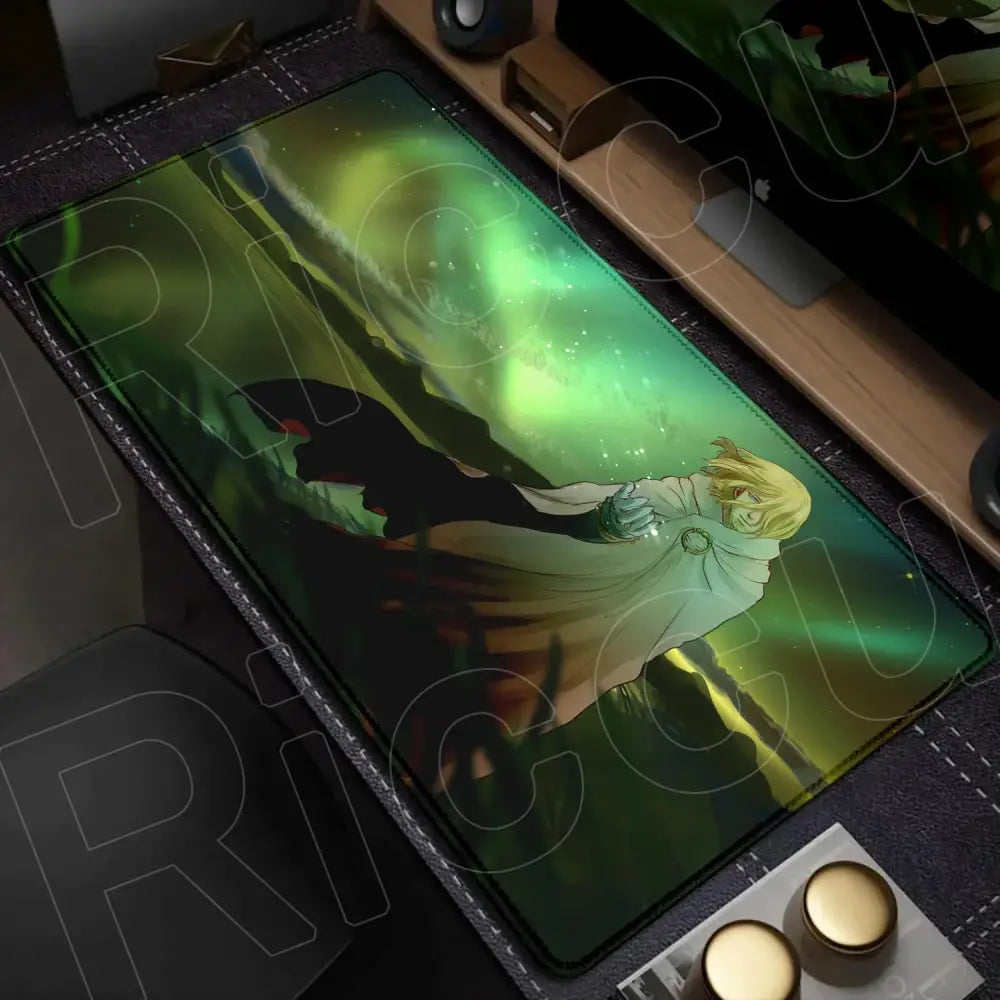 Rectangular vinland saga mouse pad desk mat with blonde anime character and green aurora borealis backdrop with stitched edges