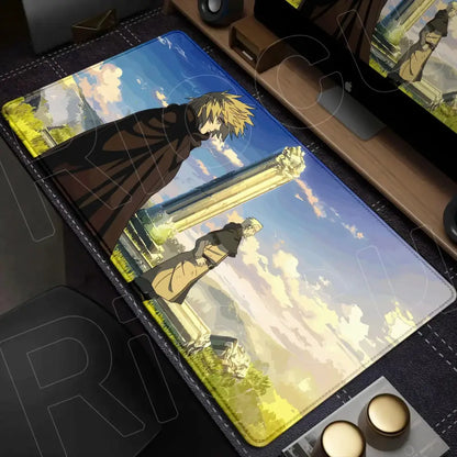 Vinland saga mouse pad desk mat with vibrant anime characters in blue skies and golden tones 90x40cm rectangular design