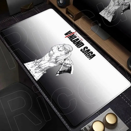 Vinland saga mouse pad desk mat with black silver gradient and detailed muscular figure holding axe design xxl size