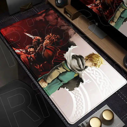 Rectangular vinland saga mouse pad desk mat featuring anime characters with sword and celtic knots on red white background