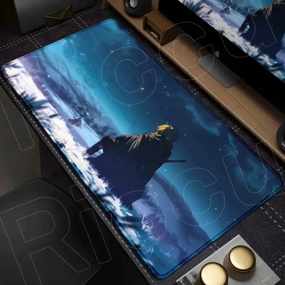 Blue vinland saga mouse pad desk mat featuring spiky blonde anime character in snowy starry landscape 90x40cm xxl
