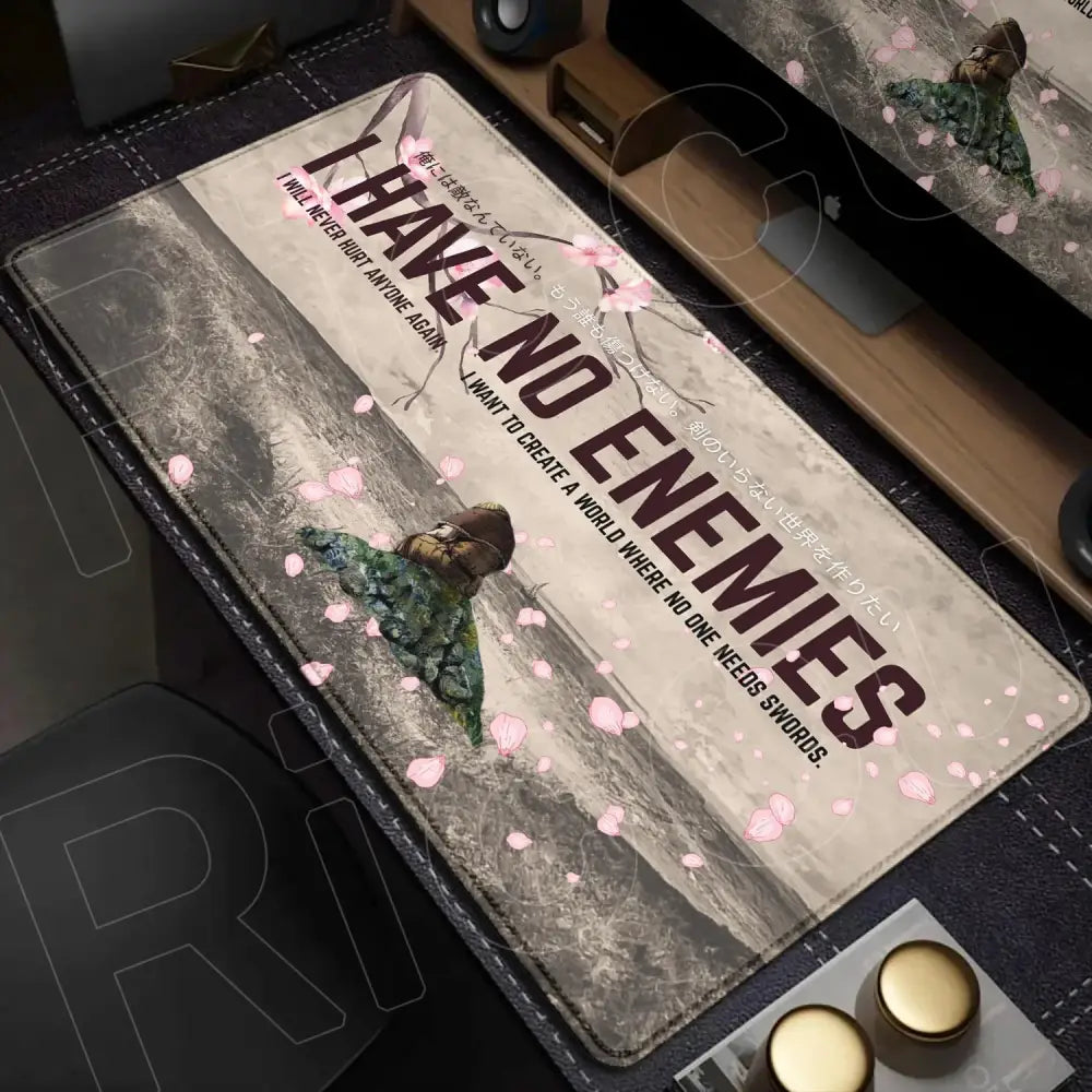 Beige vinland saga mouse pad desk mat featuring bold text i have no enemies and cherry blossom illustration