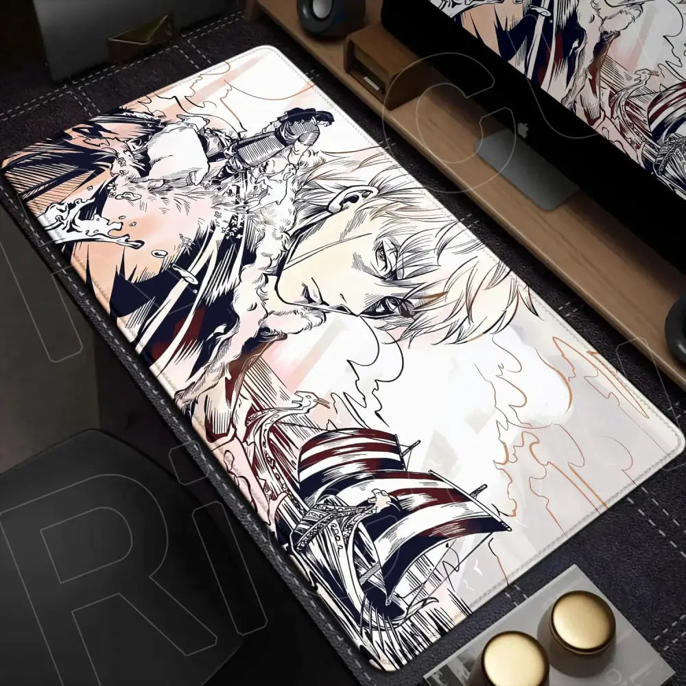 Vinland saga mouse pad desk mat with white-haired anime character in armor on a soft-touch rectangular surface 90x40cm