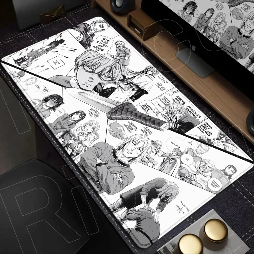 Black and white vinland saga mouse pad desk mat featuring dynamic manga panels in action poses 90x40cm xxl size