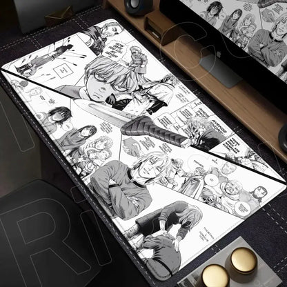 Black and white vinland saga mouse pad desk mat featuring dynamic manga panels in action poses 90x40cm xxl size