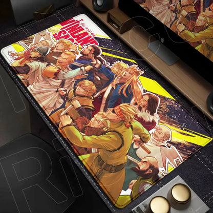 Vinland saga desk mat mouse pad with black frame featuring vibrant anime characters on yellow dark background xxl size
