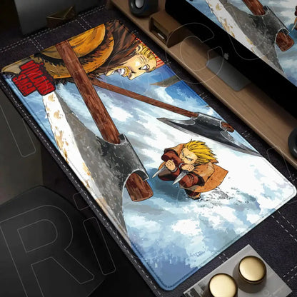 Vinland saga mouse pad desk mat with black leather edges featuring two vikings battling with axes in snowy backdrop