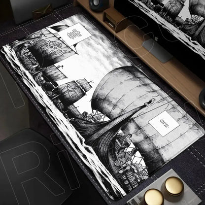 Black and white vinland saga mouse pad with intricate maritime comic scenes on an xxl 90x40cm desk mat