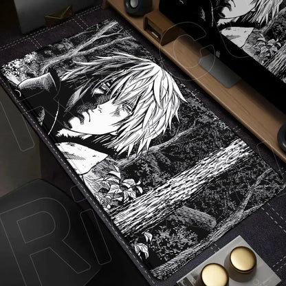 Vinland saga mouse pad desk mat in black and white featuring a detailed character with long spiky hair 90x40cm
