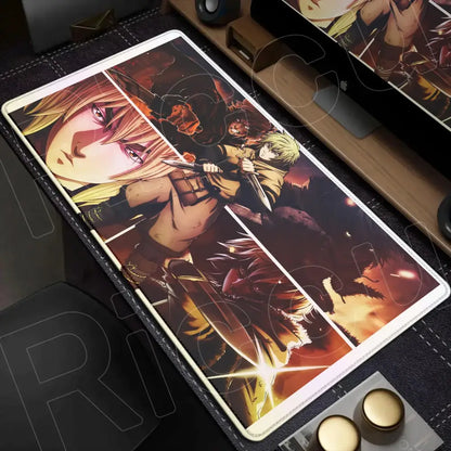 Rectangular vinland saga mouse pad with detailed anime combat illustration black faux leather trim desk mat 90x40cm