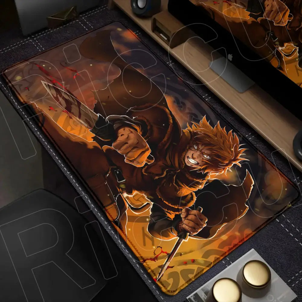 Rectangular vinland saga mouse pad featuring a warrior in brown armor with knives on an orange dark desk mat