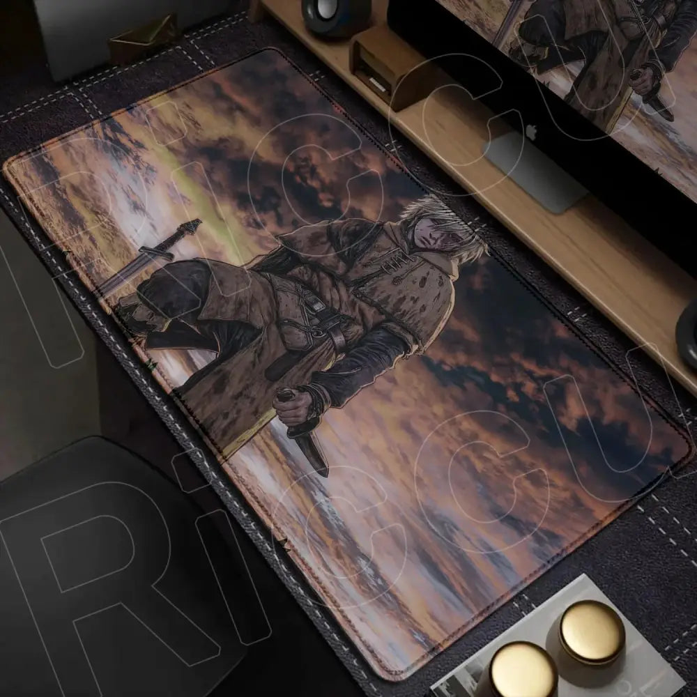 Rectangular vinland saga mouse pad desk mat featuring a detailed warrior illustration on a cloudy sky backdrop