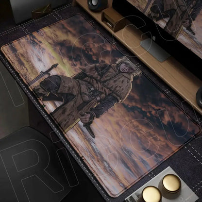 Rectangular vinland saga mouse pad desk mat featuring a detailed warrior illustration on a cloudy sky backdrop