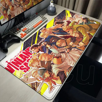 Vibrant vinland saga mouse pad desk mat with bold red and yellow accents and detailed anime character illustration