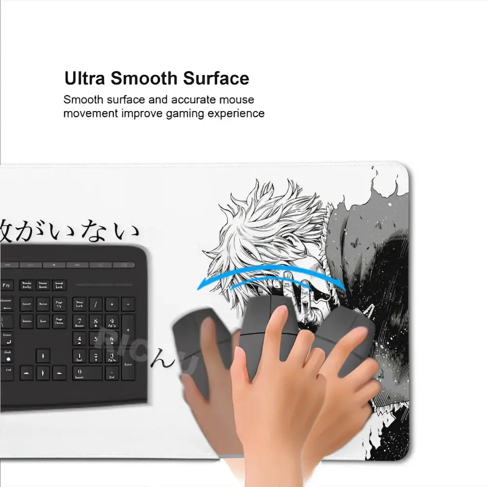 White mouse pad desk mat featuring a black and gray vinland saga anime character with spiky hair 90x40cm xxl size
