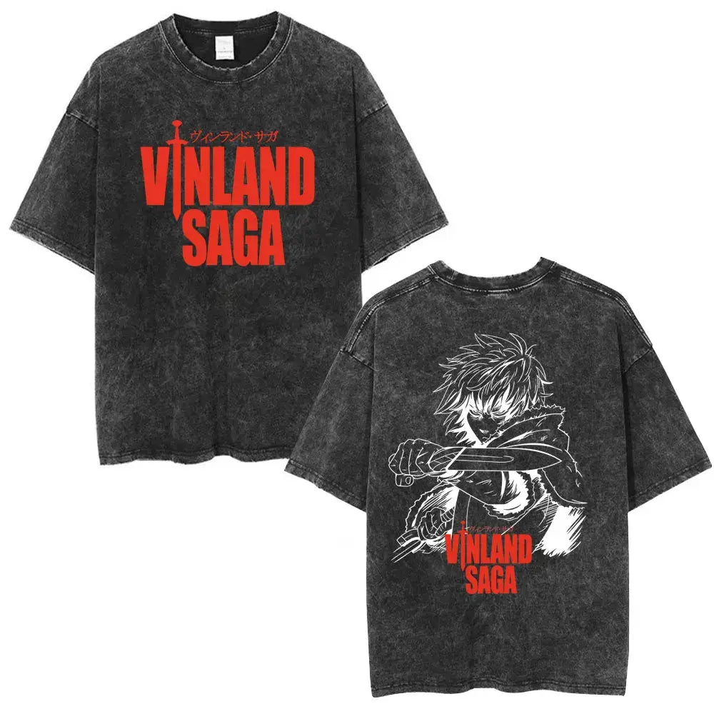 Black distressed cotton tee with bold red vinland saga naoki text and white line-art of saga naoki urasawa on back