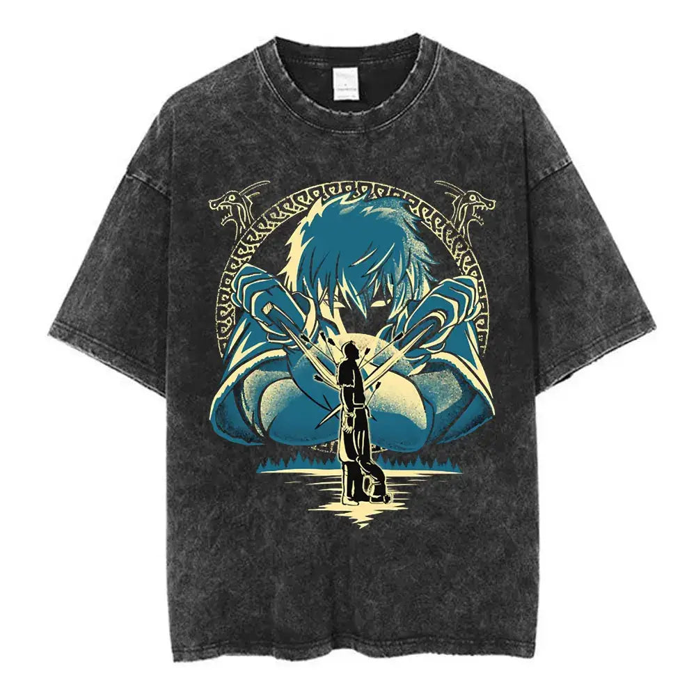 Black distressed cotton tee featuring a blue and yellow anime graphic with swords and dragon motifs vinland saga naoki