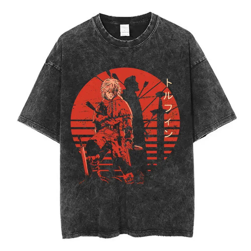 Black distressed cotton tee featuring a bold red circular vinland saga naoki graphic with anime character and japanese text
