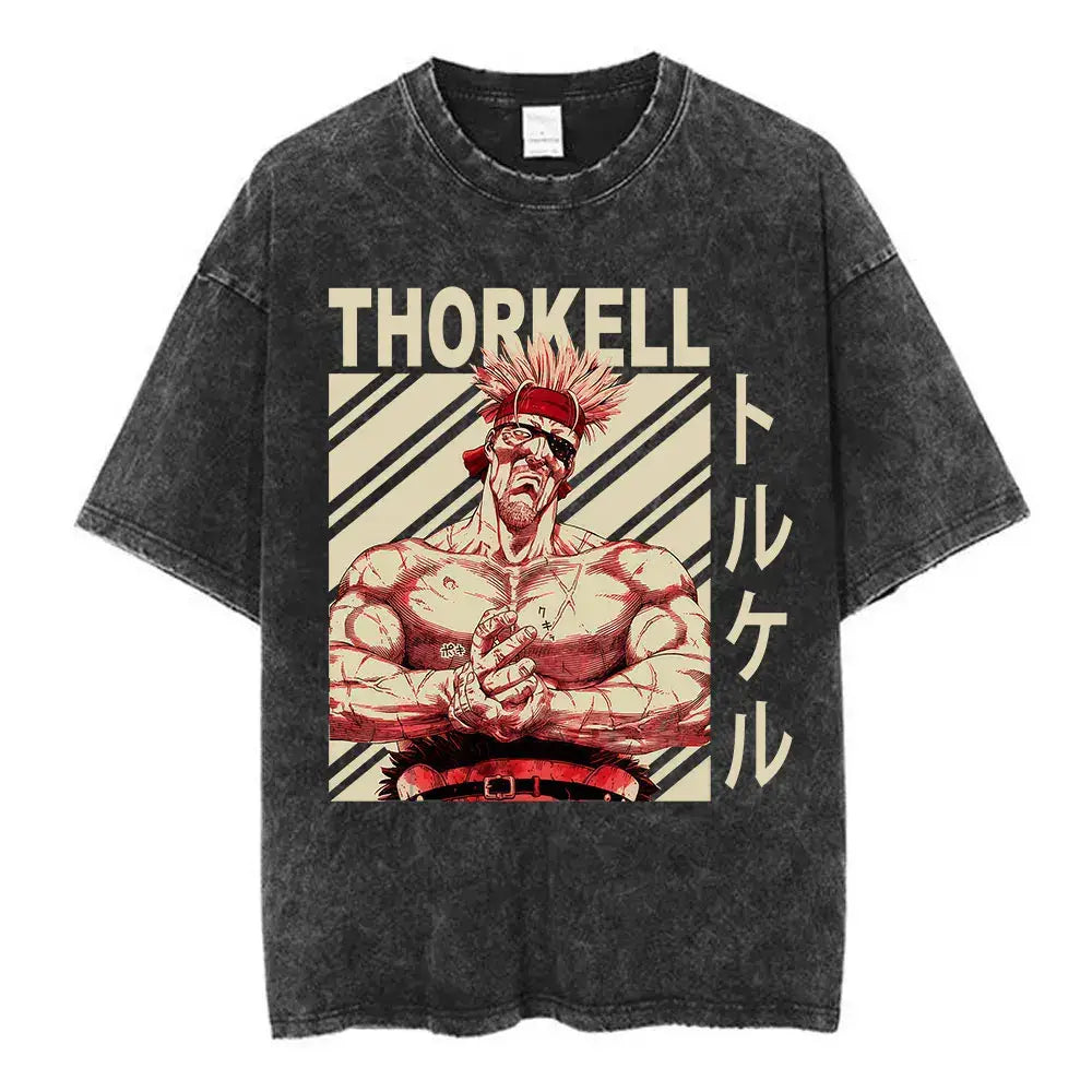 Black distressed cotton tee featuring bold thorkell graphic with red beige accents and japanese characters vinland saga naoki