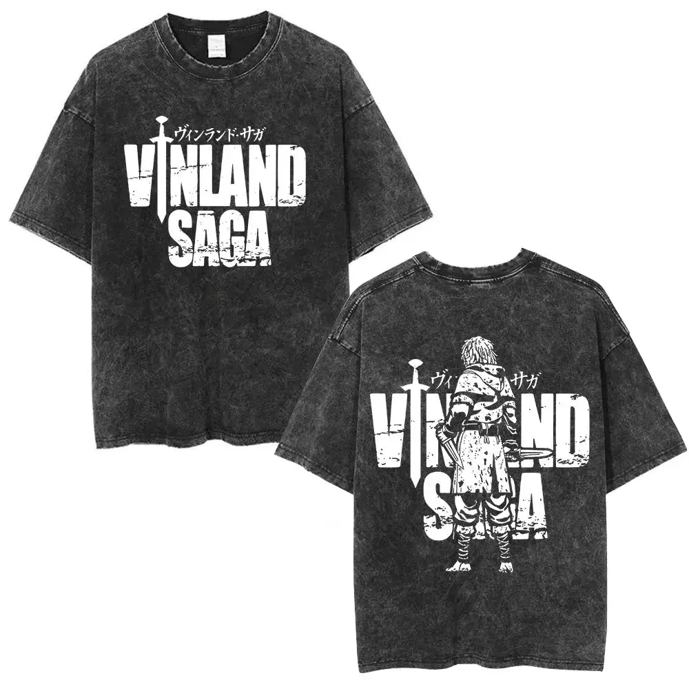 Black distressed cotton tee featuring white vinland saga naoki graphic with sword and character design