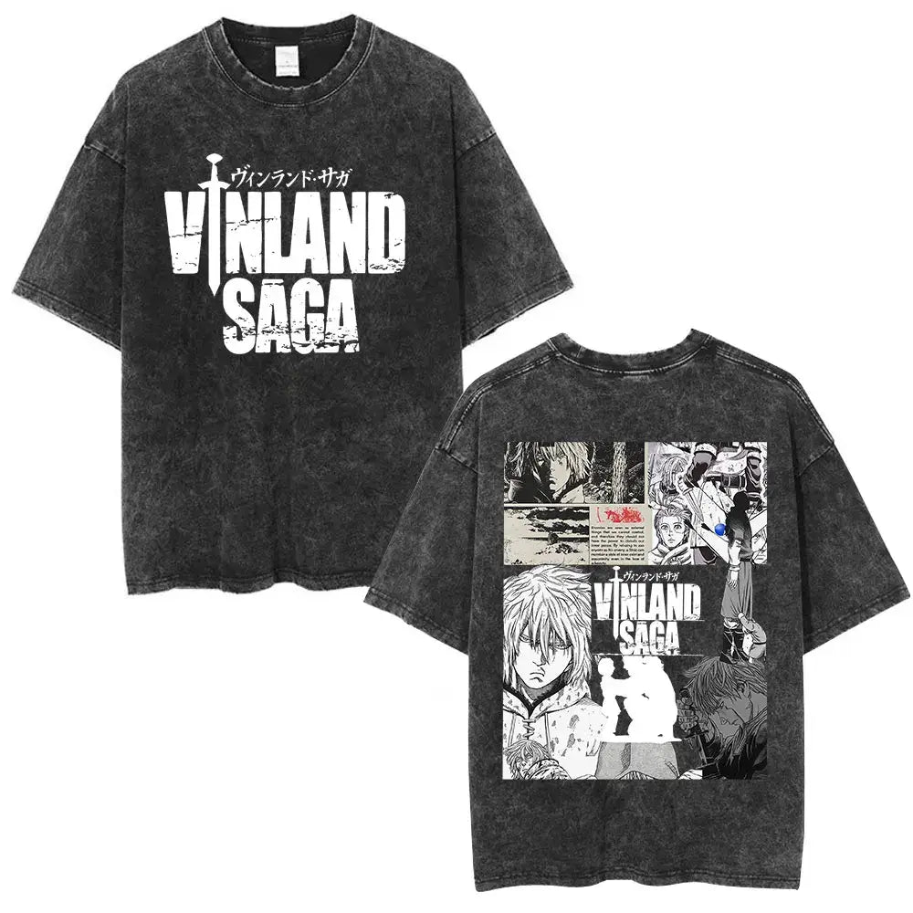 Black distressed cotton tee featuring vinland saga naoki graphic with white text and manga panels on the back