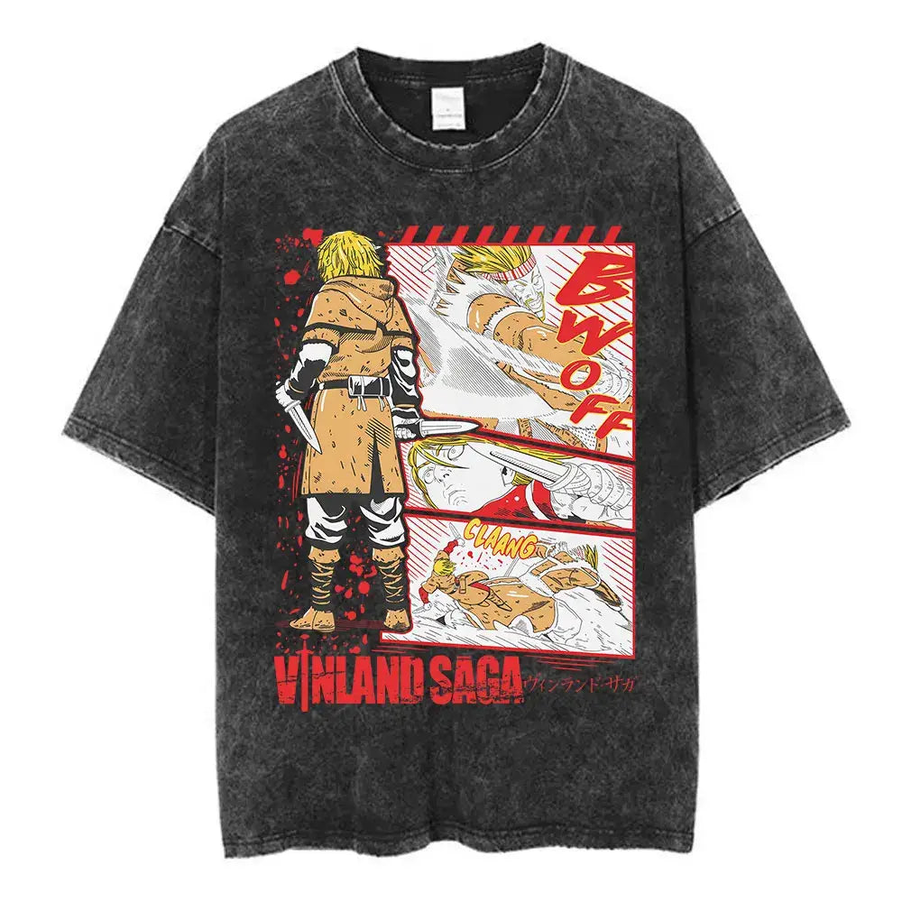 Black distressed cotton tee featuring vibrant red and white vinland saga naoki comic style graphic panels
