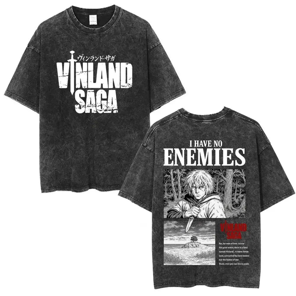 Black distressed cotton tee featuring vinland saga naoki graphics on front and back by saga naoki urasawa