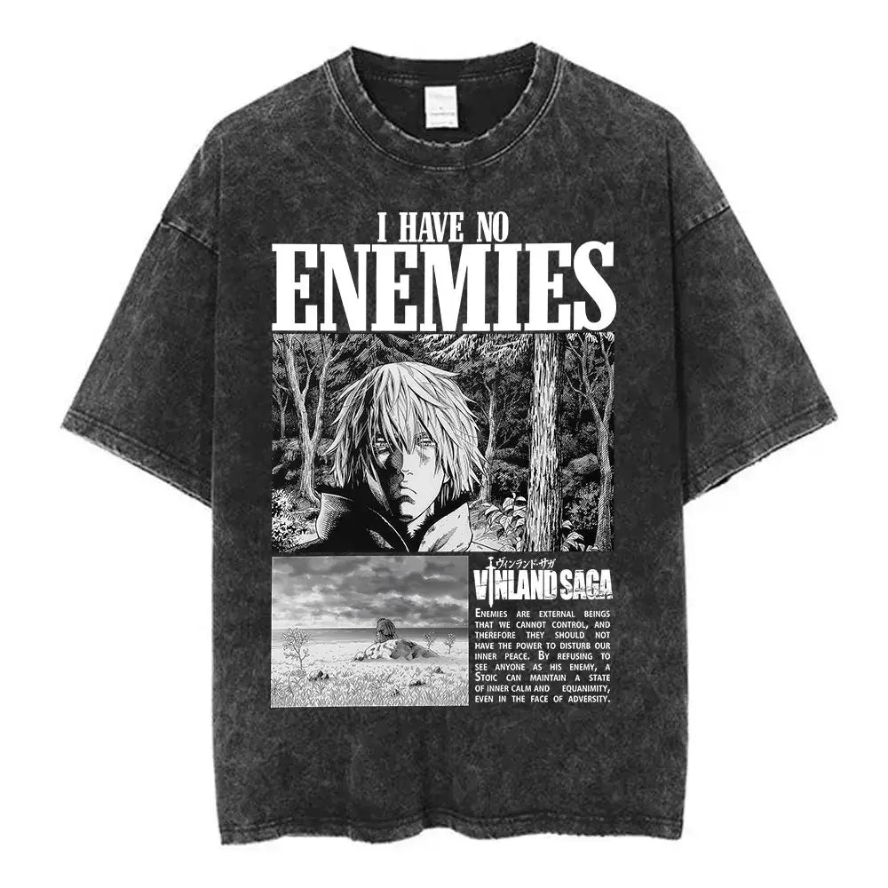 Black distressed cotton tee featuring vinland saga naoki graphic and text i have no enemies saga naoki urasawa design